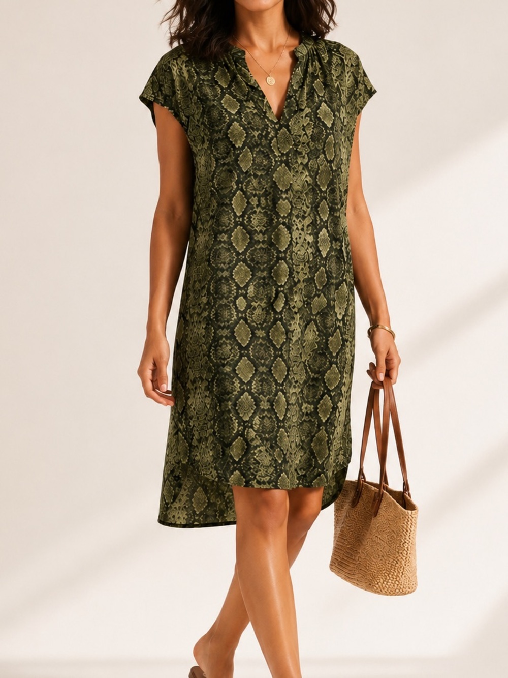 By Anthropologie | Snake Print Tunic Dress Midi Green Pockets Resort Boho Size M